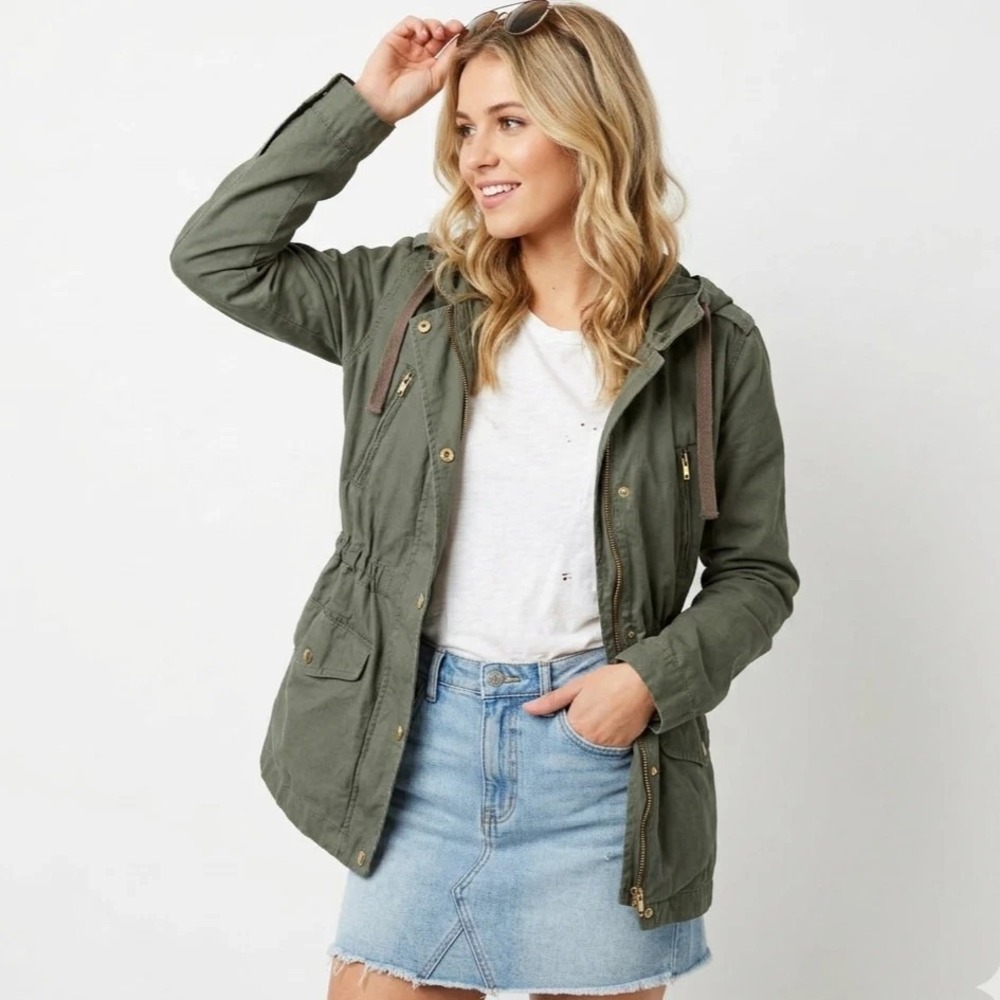 Love Tree Full Zip Hooded Utility Olive Green Military Army 100% Cotton Jacket-S